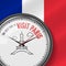 The Best Time for Visit Paris. White Vector Clock with Slogan. French Flag Background. Analog Watch. Eiffel Tower Icon