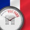 The Best Time for Visit Paris. White Vector Clock with Slogan. French Flag Background. Analog Watch. Triumphal Arch Icon