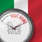 The Best Time for Visit Rome. White Vector Clock with Slogan. Italian Flag Background. Analog Watch. Colosseum Icon