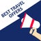 BEST TRAVEL OFFERS Announcement. Hand Holding Megaphone With Speech Bubble