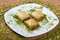 the best turkish special baklava Together with pistachios on a white plate