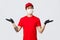 Best variants. Friendly smiling asian delivery guy in red uniform, cap and t-shirt, raise hands to hold items, introduce