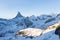 Best Viewing point for the Matterhorn in Zermatt. Amazing views over the snowy Swiss and Italian alps. Beautiful sunny day