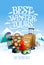 Best winter tours design concept with suitcases, snowboard and camera