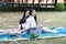 Bestie Happy cute lovely beautiful young girl high school college student enjoy free time read a book at school on grass lawn