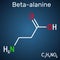 Beta-alanine or Î²-Alanine molecule. It is naturally occurring beta amino acid. Structural chemical formula on the dark blue