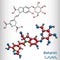 Betanin, molecule. It is betalain plant pigment, red glycosidic food dye, E162. Structural chemical formula and molecule model