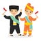 Betawi and Padang Kids Holding Indonesian Flag Cartoon Vector