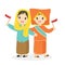 Betawi and Padang Kids Holding Indonesian Flag Cartoon Vector