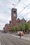 Beurs van Berlage building with flag of Amsterdam on the top of clock tower