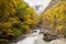 Beutiful yellow forest in autumn Valley and Mount Perdido in cloudy sky, Ordesa National park