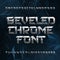 Beveled metal alphabet font. Chrome effect letters and numbers on abstract polygonal background.