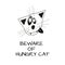 Beware of hungry cat illustration, crazy wild cat face, cat going nuts, funny mad animal cartoon, hunger attack, tongue out cat, p