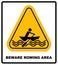 Beware rowing area. Warning sign in yellow triangle isolated on white. Vector stock illustration