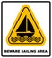 Beware of sailing area. Warning sign in yellow triangle isolated on white. Vector illustration