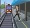 Beware of trains, do not cross the line. Woman is talking on phone and doesn`t see the train