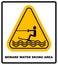 Beware water skiing area. Warning sign in yellow triangle isolated on white. Vector stock illustration.