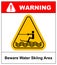 Beware water skiing area. Warning sign in yellow triangle isolated on white. Vector stock illustration. Summer Water