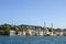 Beylerbey Mosque, modern buildings and the embankment, from the Bosphorus, Istanbul, Turkey