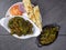 Bhindi Masala or stuffed Bhindi or okra, an Indian vegetable  on a plate with copy space