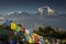Bhuddism flags with Dhaulagiri peak in background at sunset in Himalaya Mountain, Nepal
