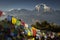 Bhuddism flags with Dhaulagiri peak in background at sunset in Himalaya Mountain, Nepal