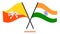 Bhutan and India Flags Crossed And Waving Flat Style. Official Proportion. Correct Colors
