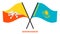 Bhutan and Kazakhstan Flags Crossed And Waving Flat Style. Official Proportion. Correct Colors