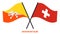 Bhutan and Switzerland Flags Crossed And Waving Flat Style. Official Proportion. Correct Colors