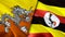 Bhutan and Uganda flags. 3D Waving flag design. Bhutan Uganda flag, picture, wallpaper. Bhutan vs Uganda image,3D rendering.