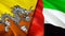 Bhutan and United Arab Emirates flags. 3D Waving flag design. Bhutan United Arab Emirates flag, picture, wallpaper. Bhutan vs