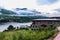 Bhutanese village near the river on a foggy day at Punakha, Bhutan