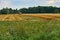 Biale, Poland - August 04, 2017: Harvester is working on the field. Stacks of straw and hay on the wheat field in Poland, late