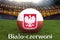 Bialo-czerwoni on Poland language on football team ball on big stadium background. 3d rendering. Poland Team competition concept.