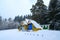 Biathlon base at edge of coniferous forest in snowfall, Senno, Vitebsk region, Belarus