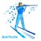 Biathlon. Cartoon biathlete shoots a rifle standing on skis