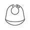 Bib icon. Linear logo of baby feeder with pocket and button fasteners. Black simple illustration of childen`s goods. Contour