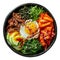 Bibimbap bowl, capturing the colorful assortment of vegetables, rice, and gochujang sauce transparent and clean