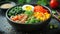 BIBIMBAP, KOREAN MIXED RICE WITH MEAT AND ASSORTED VEGETABLES