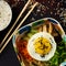 Bibimbap. Mixed rice with meat and vegetables.