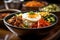 Bibimbap is a popular Korean rice bowl dish served in a traditional Korean restaurant