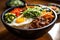 Bibimbap is a popular Korean rice bowl dish served in a traditional Korean restaurant