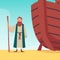 Bible banner with Noah standing near his ark, flat vector illustration.