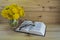 A Bible, glasses, a bunch of yellow dandelions on a wooden background. Warm tone.