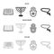 Bible, menorah, hamsa, orthodox cross.Religion set collection icons in black,monochrome,outline style vector symbol