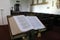 Bible on pedestal in room of Old Augustinian Friary, Adare,Ireland,2014