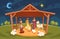 Bible scene. Christmas christian composition, jesus christ birth in manger, baby with magi, Virgin Mary, night sky with