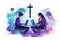 Bible Study. Young man and woman working on laptop computer. Online church concept. Vector illustration
