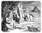 Biblical Genesis Flood and Noah Arc Floating on the Water.Bible, Old testament. Genesis,Vintage Antique Drawing