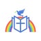 Biblical illustration. An open bible, a rainbow of the covenant, and a dove - a symbol of the Spirit